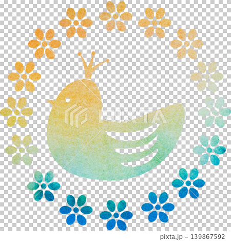 綺麗な水彩模様の王冠鳥と花輪のアイコンのイメージのイラスト 綺麗な水彩模様の王冠鳥と花輪のアイコンのイメージのイラスト 139867592