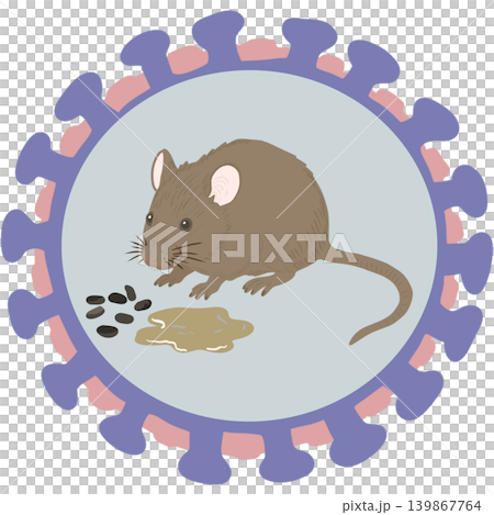Educational illustration of a hantavirus concept featuring a brown rat with urine and droppings inside a stylized virus shape. Educational illustration of a hantavirus concept featuring a brown rat with urine and droppings inside a stylized virus shape. 139867764
