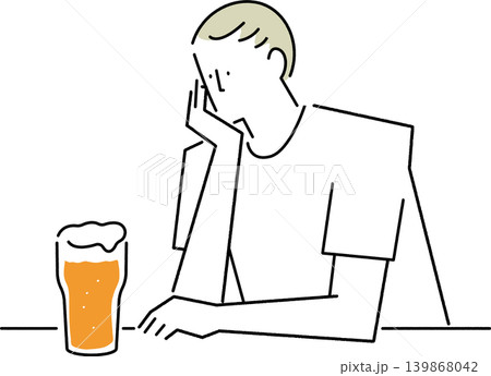 ビールグラスを前に頬杖をついて考え事をする男性(白地あり) ビールグラスを前に頬杖をついて考え事をする男性(白地あり) 139868042