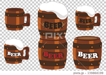 Illustration set of wooden beer mugs and beer barrels 139868199