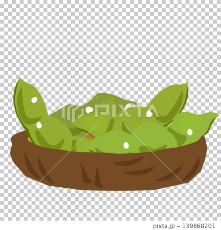 An illustration of boiled edamame beans in a small dish carved from wood. 139868201