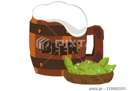 木製ジョッキのビールと枝豆のイラスト 木製ジョッキのビールと枝豆のイラスト 139868203