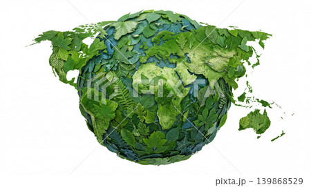 Planet earth globe formed entirely by green leaves and foliage creating continents and oceans on a clean white background environmental sustainable continents ecosystem conservation protection Planet earth globe formed entirely by green leaves and foliage creating continents and oceans on a clean white background environmental sustainable continents ecosystem conservation protection 139868529