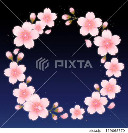 夜空を背景に、やわらかく光る桜の花をリース状に配置した和風フレーム素材 139868770