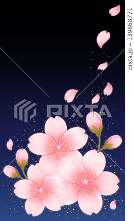暗い夜空に桜の花と花びらが舞う、幻想的な縦長背景イラス 暗い夜空に桜の花と花びらが舞う、幻想的な縦長背景イラス 139868771