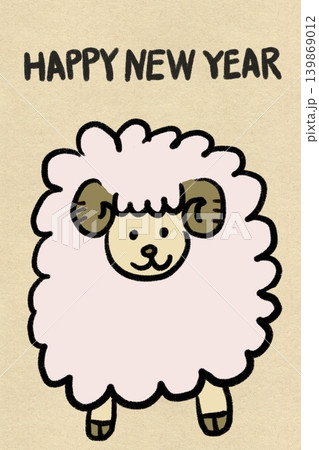 和紙背景のかわいいヒツジ年賀状イラスト HAPPY NEW YEAR文字入り 縦構図 和紙背景のかわいいヒツジ年賀状イラスト HAPPY NEW YEAR文字入り 縦構図 139869012