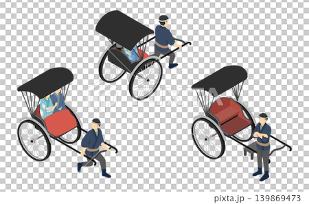 Isometric illustration: Rickshaw, rickshaw driver, and tourist set Isometric illustration: Rickshaw, rickshaw driver, and tourist set 139869473
