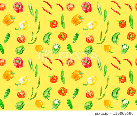 トウガラシの仲間の野菜たちのカラフルなシームレスパターン　手描き水彩イラスト背景素材 139869590