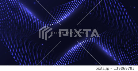Abstract blue dotted wave background featuring flowing curved lines, glowing particles. 139869793
