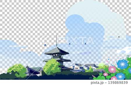 An illustration of a summer sky with morning glories in bloom and a traditional Japanese five-story pagoda. 139869839