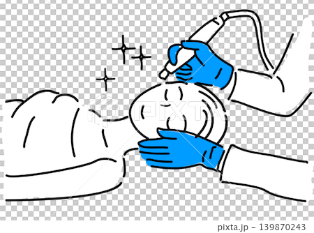 Simple hand-drawn line drawing of a woman receiving cosmetic medical treatment, specifically laser therapy. Simple hand-drawn line drawing of a woman receiving cosmetic medical treatment, specifically laser therapy. 139870243