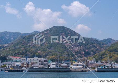 海から望む春の由良港の町並みと山桜（淡路島） 139870295