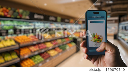 Hand holding smartphone displaying supermarket shopping application in grocery store, suitable for food delivery, online shopping, retail technology, and AI supermarket service concepts. 139870540