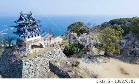 桜咲く洲本城跡の天守閣と青く広がる大阪湾(ドローン空撮) 桜咲く洲本城跡の天守閣と青く広がる大阪湾(ドローン空撮) 139870585