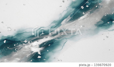 左下から斜めに浅葱色と銀の水彩と青海波模様が流れるグレー和紙背景 左下から斜めに浅葱色と銀の水彩と青海波模様が流れるグレー和紙背景 139870920