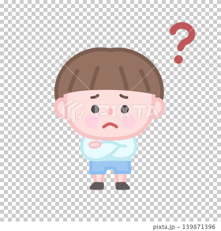一個男孩雙手交叉抱在胸前，一臉憂慮。 139871396