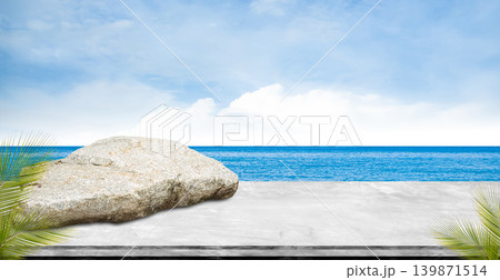 Summer background nature travel Palm leaves, cement table on sea blue sky, top Deck mockup product beauty cosmetic presentation, stage on water island at coast backdrop tourism relax , tropical ocean Summer background nature travel Palm leaves, cement table on sea blue sky, top Deck mockup product beauty cosmetic presentation, stage on water island at coast backdrop tourism relax , tropical ocean 139871514