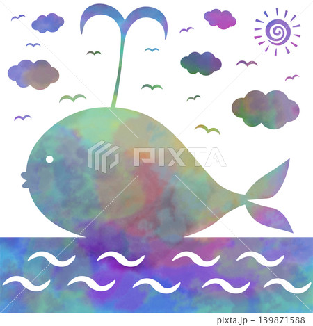 綺麗な水彩模様のクジラのアイコンのイメージのイラスト 139871588