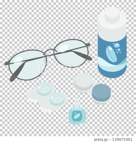 A set of hand-drawn illustrations of eyeglasses and contact lens supplies. A set of hand-drawn illustrations of eyeglasses and contact lens supplies. 139872001