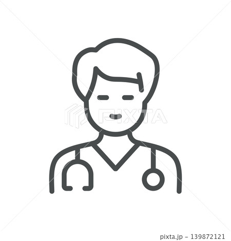 Cardiologist Icon. Thin Line Illustration of Male Doctor with Stethoscope in Medical Scrubs, Symbolizing Cardiology Specialist, Heart Physician and Medical Professional. Isolated Outline Vector Sign. Cardiologist Icon. Thin Line Illustration of Male Doctor with Stethoscope in Medical Scrubs, Symbolizing Cardiology Specialist, Heart Physician and Medical Professional. Isolated Outline Vector Sign. 139872121