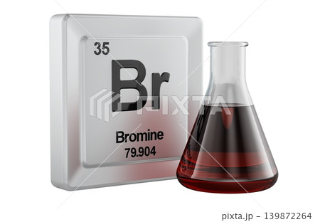 Bromine element tile with flask of liquid bromine sample. 3d rendering Bromine element tile with flask of liquid bromine sample. 3d rendering 139872264