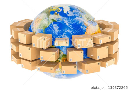 Earth globe surrounded by cardboard boxes representing global shipping, logistics and ecommerce delivery, 3d rendering 139872266