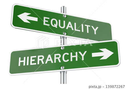 Equality and Hierarchy road signs with opposite arrows. 3D rendering 139872267