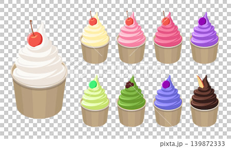 A variety set of soft-serve ice cream cups topped with fruit. A variety set of soft-serve ice cream cups topped with fruit. 139872333