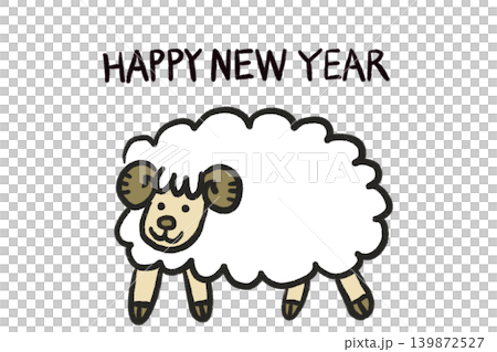 Cute sheep illustration for a New Year's card with the words "HAPPY NEW YEAR" (horizontal composition, PNG format) 139872527