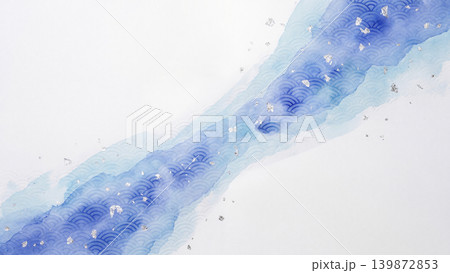 右上から斜めに瑠璃色の水彩と青海波模様が流れる白和紙背景 右上から斜めに瑠璃色の水彩と青海波模様が流れる白和紙背景 139872853