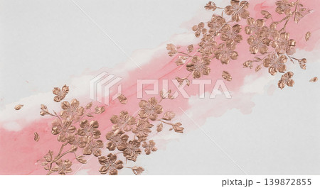 対角にコーラルピンク水彩と桜のブロンズ箔が走るグレー和紙 対角にコーラルピンク水彩と桜のブロンズ箔が走るグレー和紙 139872855