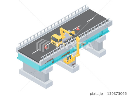 橋梁点検車を使って老朽化した橋を点検しているイラスト 橋梁点検車を使って老朽化した橋を点検しているイラスト 139873066