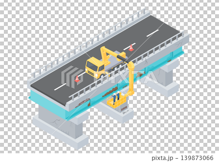 An illustration showing a bridge inspection vehicle being used to inspect an aging bridge. 139873066