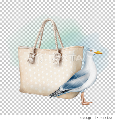 Beach Bag and Seagull Watercolor Illustration Beach Bag and Seagull Watercolor Illustration 139873188