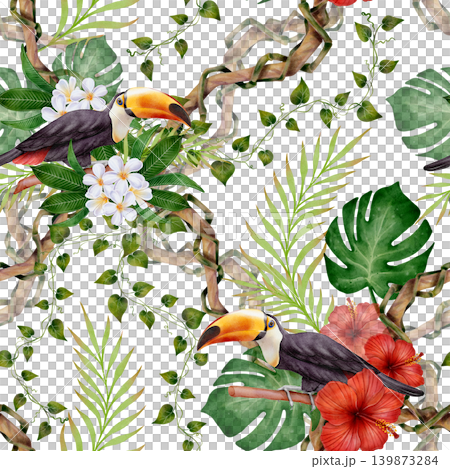 Tropical Toucan and Hibiscus Seamless Pattern 139873284