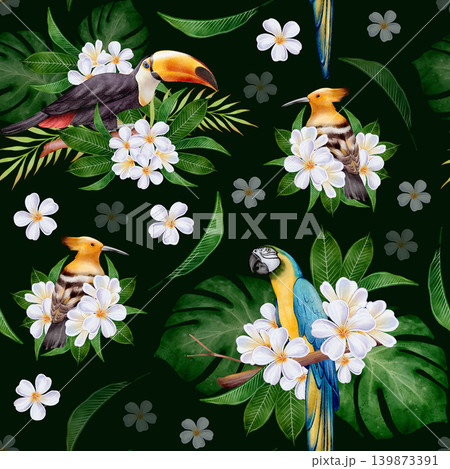 Tropical Birds and White Plumeria Pattern 139873391