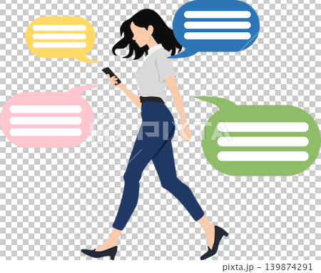 Illustration of a woman looking at her smartphone Illustration of a woman looking at her smartphone 139874291