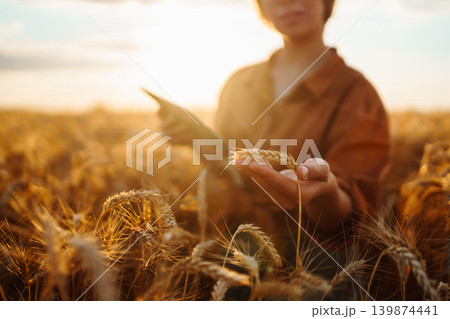 Young woman stands in field of wheat as sun sets. She holds a document, smiles. Young woman stands in field of wheat as sun sets. She holds a document, smiles. 139874441