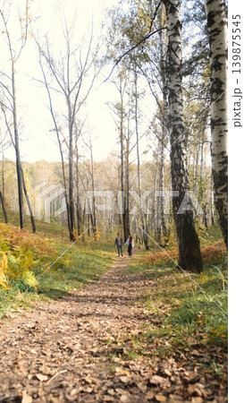 A young man and a girl in love are walking in an autumn park on a sunny autumn day. 139875545