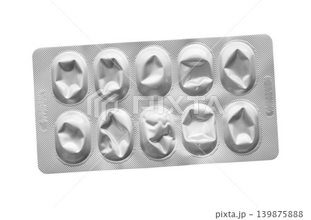 Empty medicine aluminium foil silver blister packaging isolated on white background Empty medicine aluminium foil silver blister packaging isolated on white background 139875888