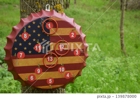 A decorative bottle cap with an American flag design. The cap features numbers arranged in a circular pattern. The background is a green grassy area with trees. A decorative bottle cap with an American flag design. The cap features numbers arranged in a circular pattern. The background is a green grassy area with trees. 139878000
