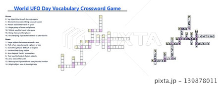 World UFO Day Vocabulary Crossword Game. Educational space worksheet with clues and answers. Transparent background World UFO Day Vocabulary Crossword Game. Educational space worksheet with clues and answers. Transparent background 139878011