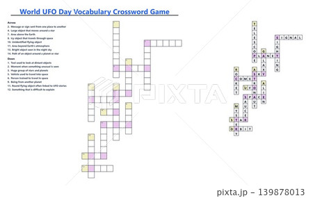 World UFO Day vocabulary crossword game. Empty and solved puzzle template with clues. Educational space and alien word activity worksheet World UFO Day vocabulary crossword game. Empty and solved puzzle template with clues. Educational space and alien word activity worksheet 139878013