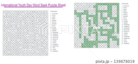 International Youth Day Word Seek Puzzle Sheet. Educational game with hidden words International Youth Day Word Seek Puzzle Sheet. Educational game with hidden words 139878019