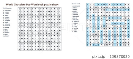 World Chocolate Day Word seek puzzle sheet. Fun educational game with hidden words 139878020