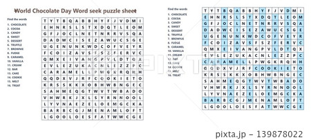 World Chocolate Day Word seek puzzle sheet. Printable educational game with answer key World Chocolate Day Word seek puzzle sheet. Printable educational game with answer key 139878022