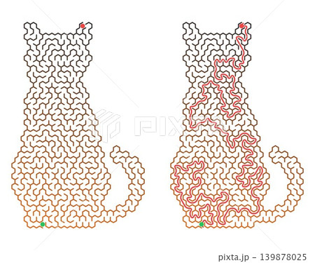 Sitting cat shaped hexagonal Maze for kids activity. . Solved and unsolved labyrinth game with gradient color. Find the path activity for kids 139878025
