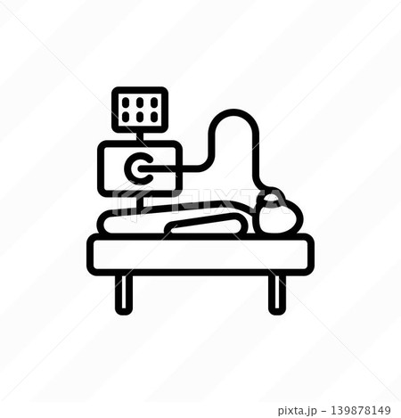 ICU ventilator, medical therapy for lungs ventilation. Thin line icon. Man lying in intensive care. Vector illustration. ICU ventilator, medical therapy for lungs ventilation. Thin line icon. Man lying in intensive care. Vector illustration. 139878149