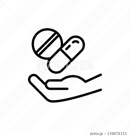 Pills, antibiotics, medicine in human hand thin line icon. Medical prescription. Vitamins. Pharmacy industry. Healthcare and medical vector illustration. 139878153