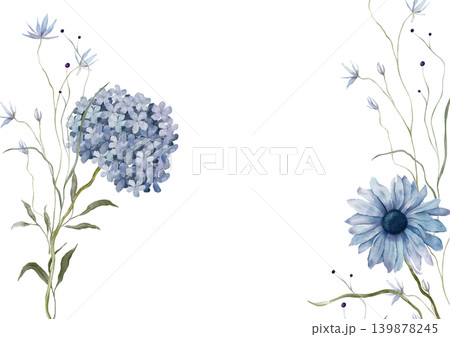 Horizontal Banner watercolor illustration with blue wildflower botanical cornflowers and hydrangea. Rectangular Frame with hand drawn illustration chamomile and long thin grass on isolated background. 139878245